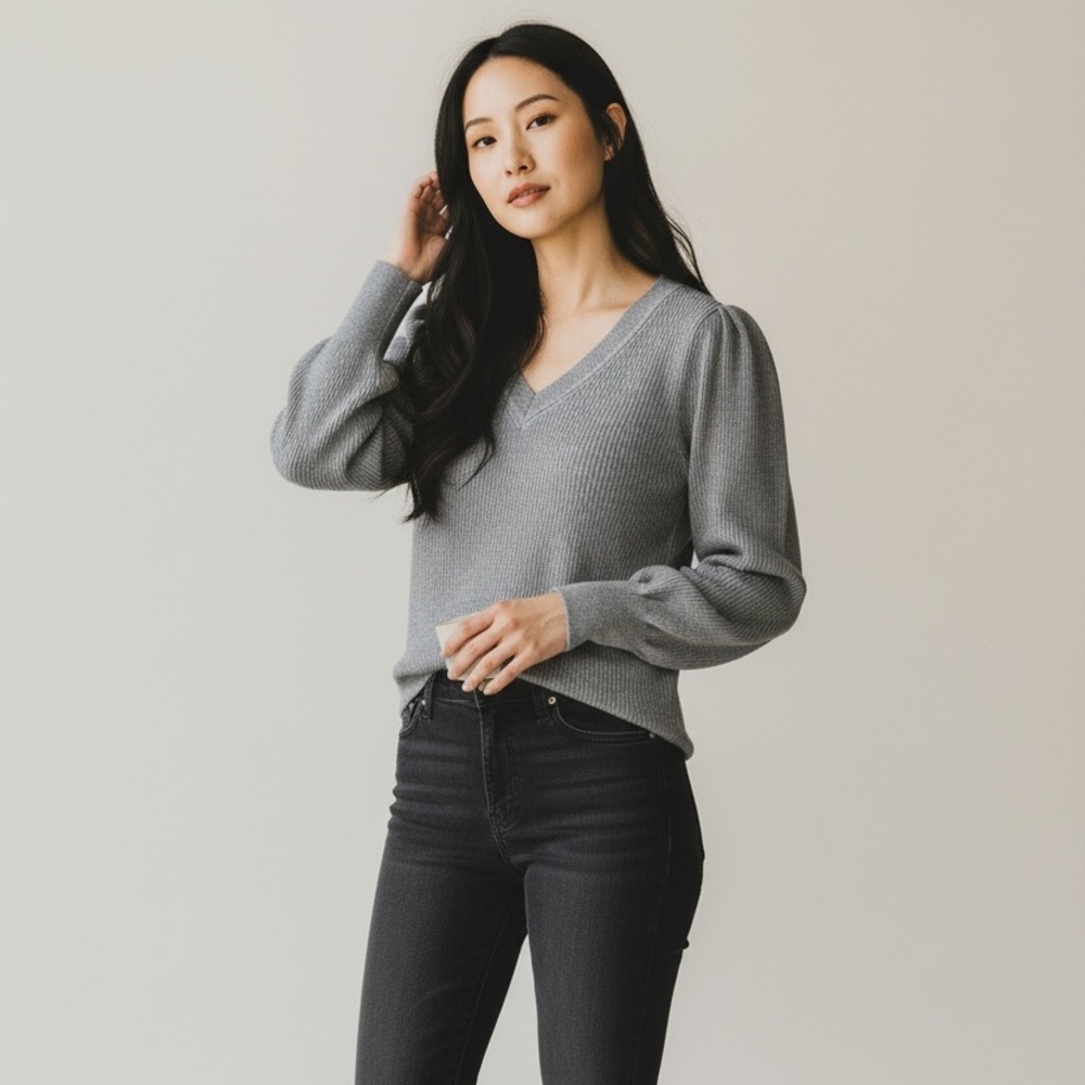 LOFT Gray V-Neck Puff Sleeve Sweater